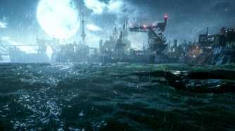 Screenshot of Batman Arkham Knight showing the moon over the river