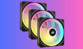 An image showing the Corsair iCUE LINK QX140 fan over a gradient background.
