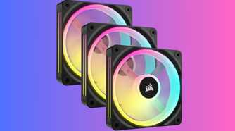 An image showing the Corsair iCUE LINK QX140 fan over a gradient background.