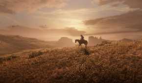 A man riding a horse into the sunset
