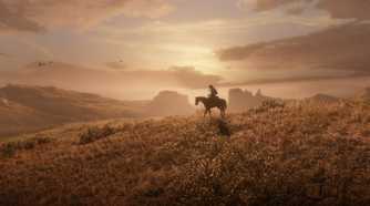 A man riding a horse into the sunset