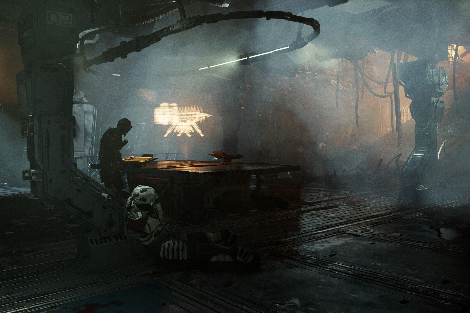Screenshot from Dead Space 2023 showing Isaac standing near a desk in a destroyed room