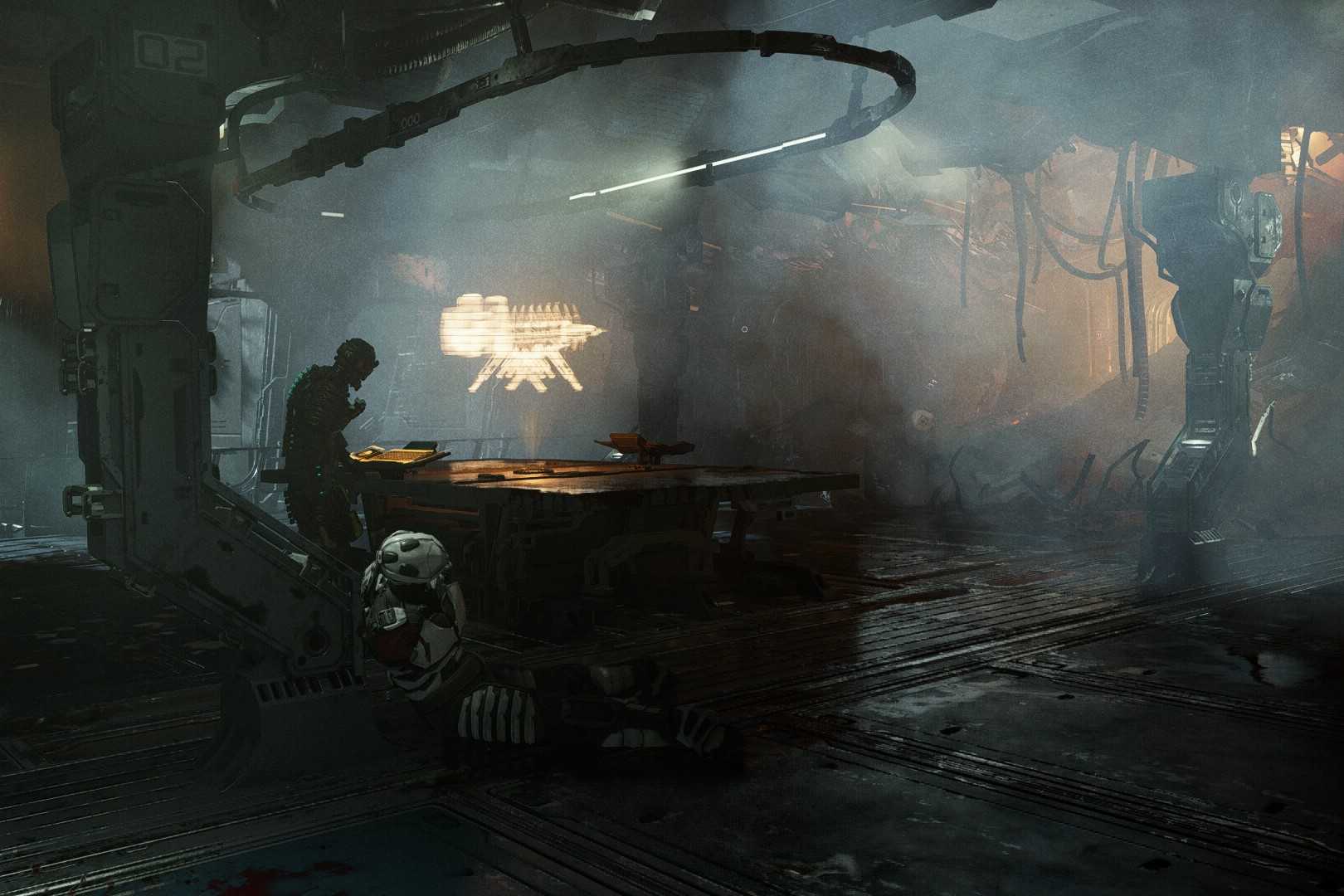 Screenshot from Dead Space 2023 showing Isaac standing near a desk in a destroyed room