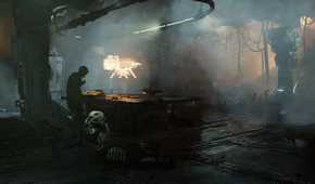 Screenshot from Dead Space 2023 showing Isaac standing near a desk in a destroyed room