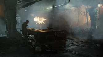 Screenshot from Dead Space 2023 showing Isaac standing near a desk in a destroyed room