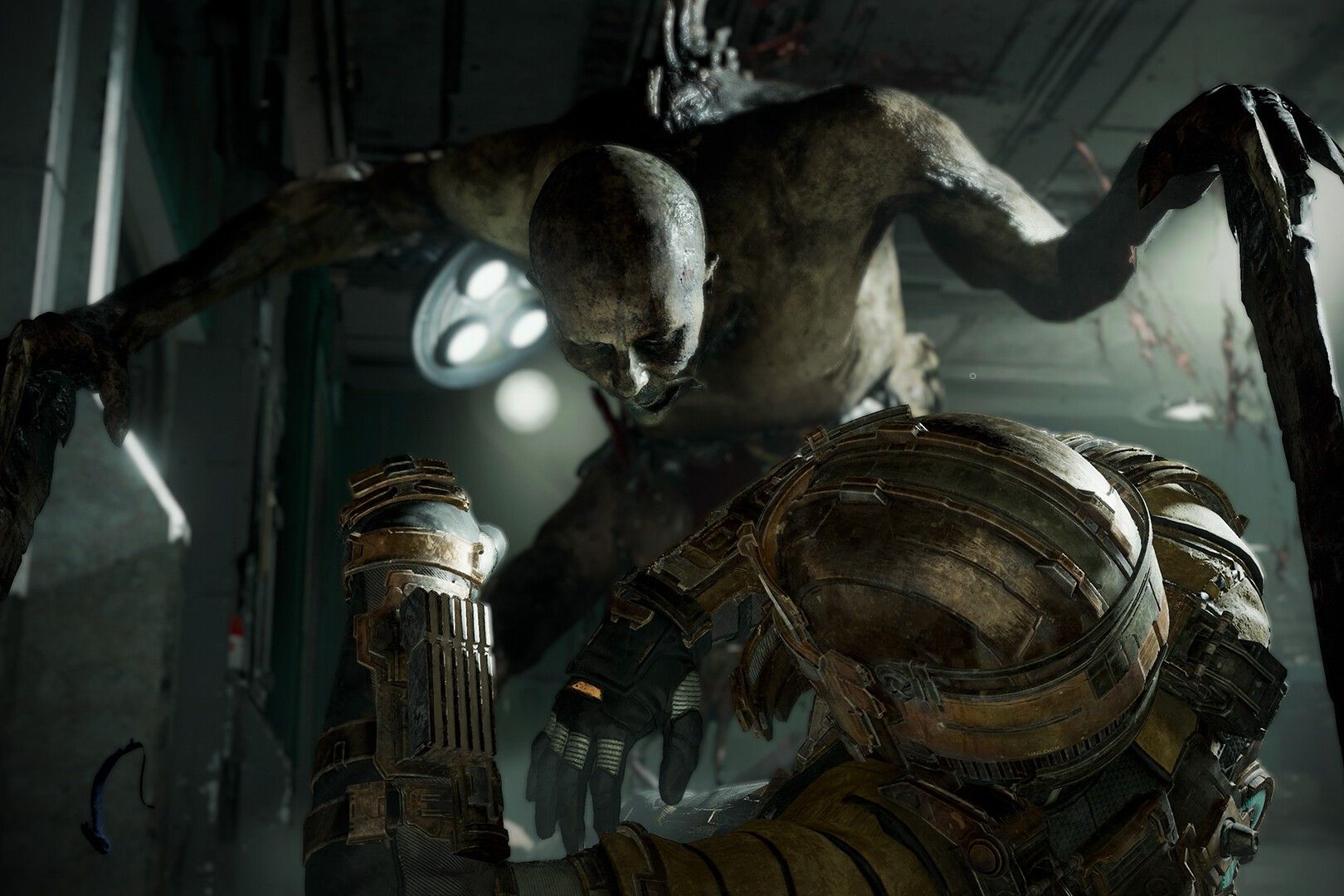 Screenshot from Dead Space 2023 showing a necromorph attacking Isaac