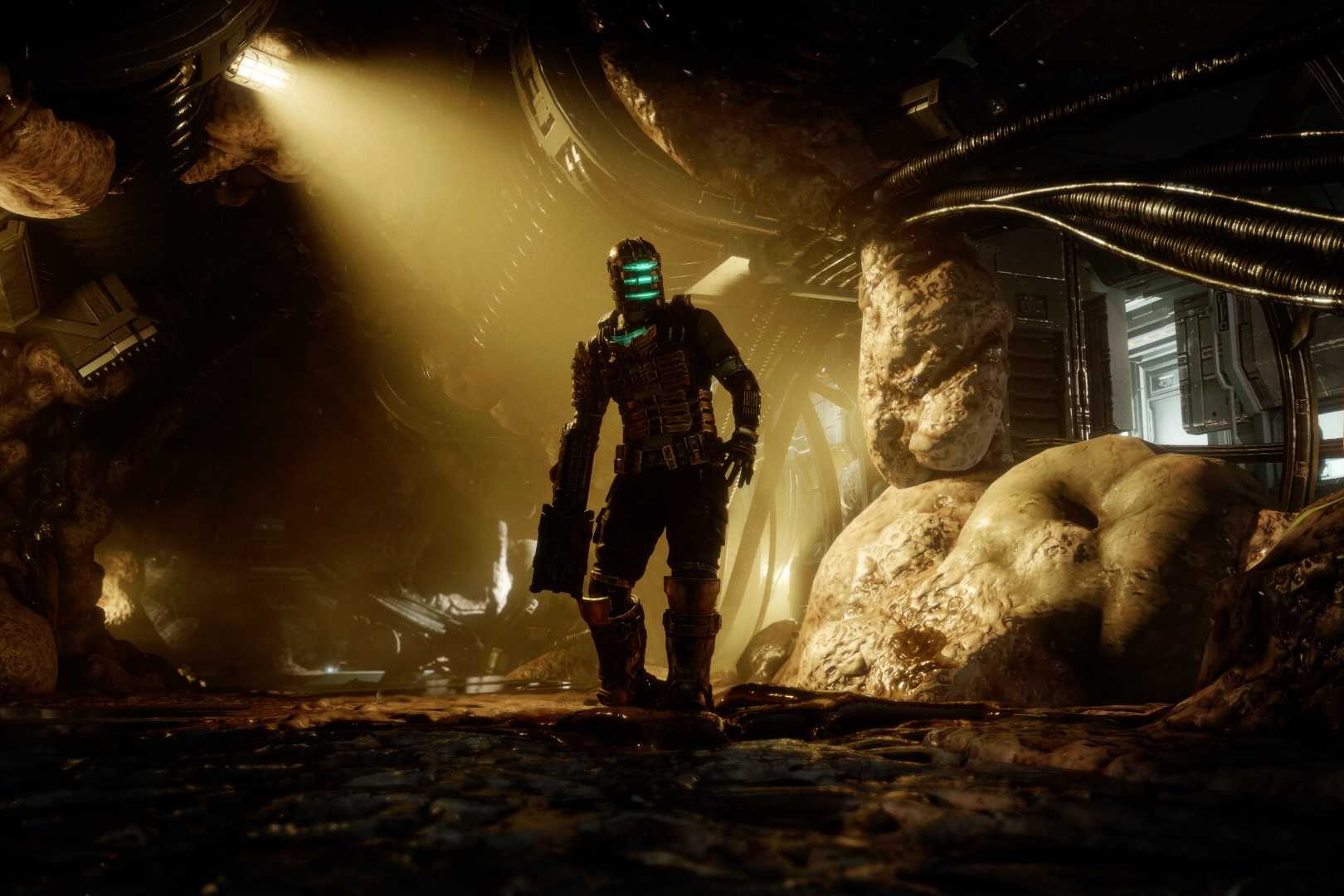 Screenshot from Dead Space 2023 showing Isaac standing near organic matter