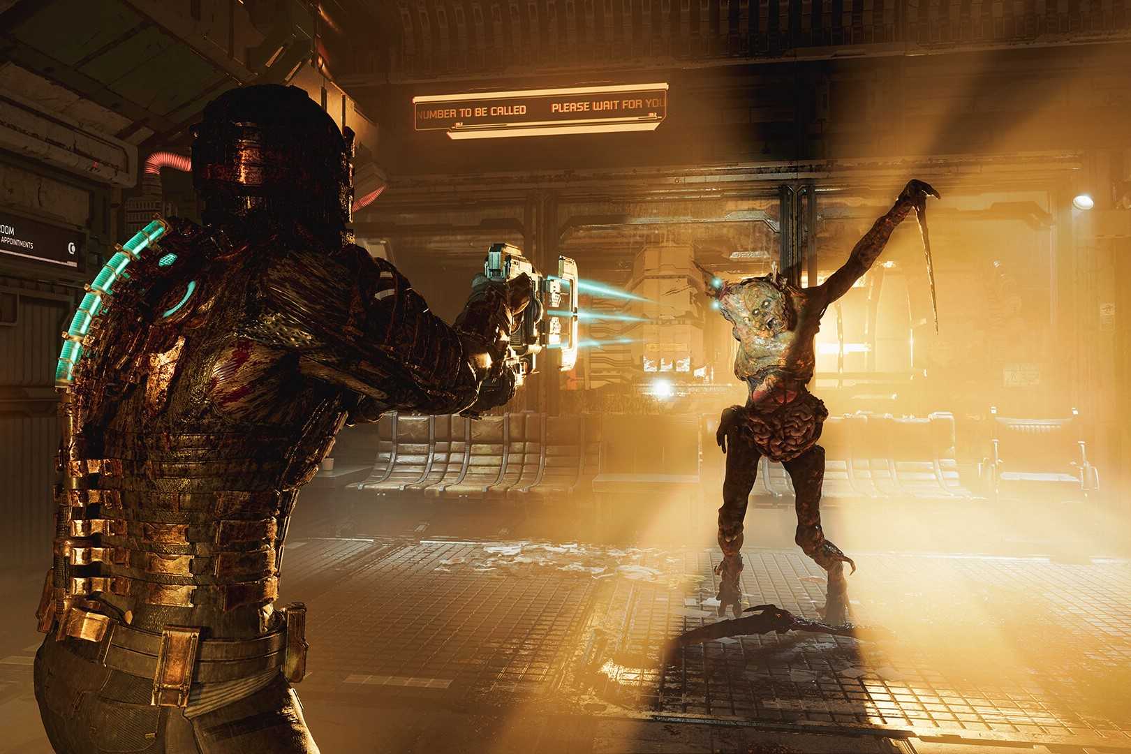 Screenshot from Dead Space 2023 shooting at a necromorph