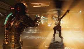 Screenshot from Dead Space 2023 shooting at a necromorph