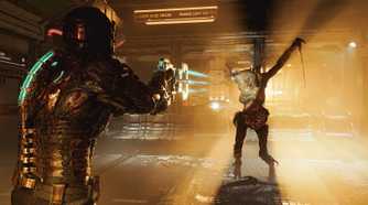 Screenshot from Dead Space 2023 shooting at a necromorph