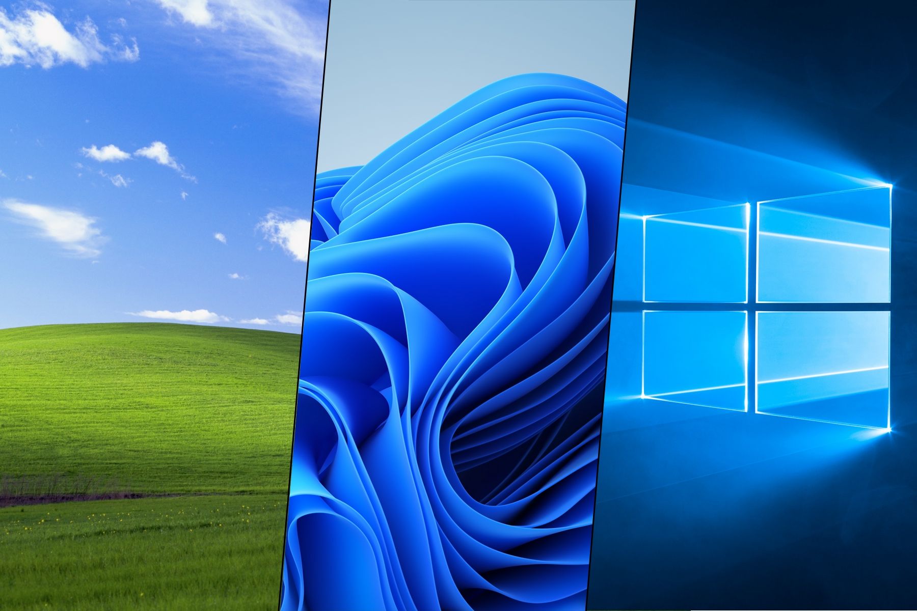 Imágenes de fondos de pantalla de Windows XP, 11 y 10 mostradas una al lado de la otra