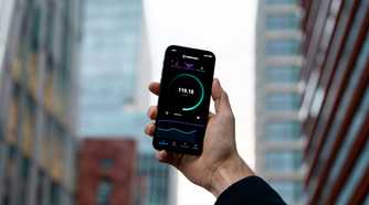 A photo of person holding a smartphone that runs a speedtest