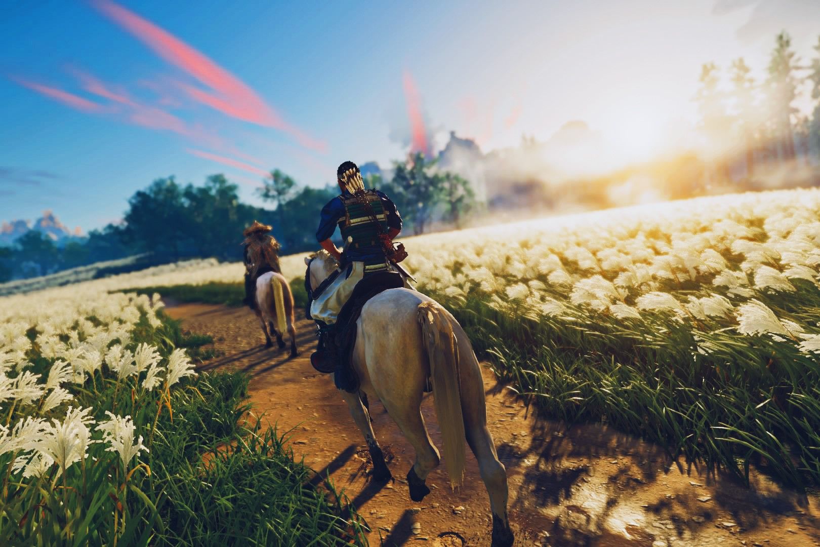 Screenshot from Ghost of Tsushima showing Jin on a horse riding through foliage
