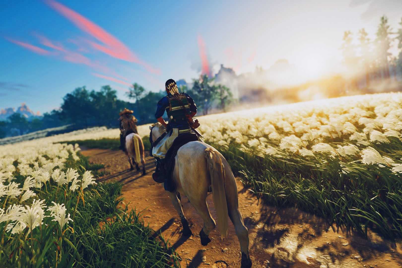 Screenshot from Ghost of Tsushima showing Jin on a horse riding through foliage