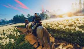 Screenshot from Ghost of Tsushima showing Jin on a horse riding through foliage