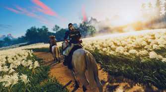 Screenshot from Ghost of Tsushima showing Jin on a horse riding through foliage