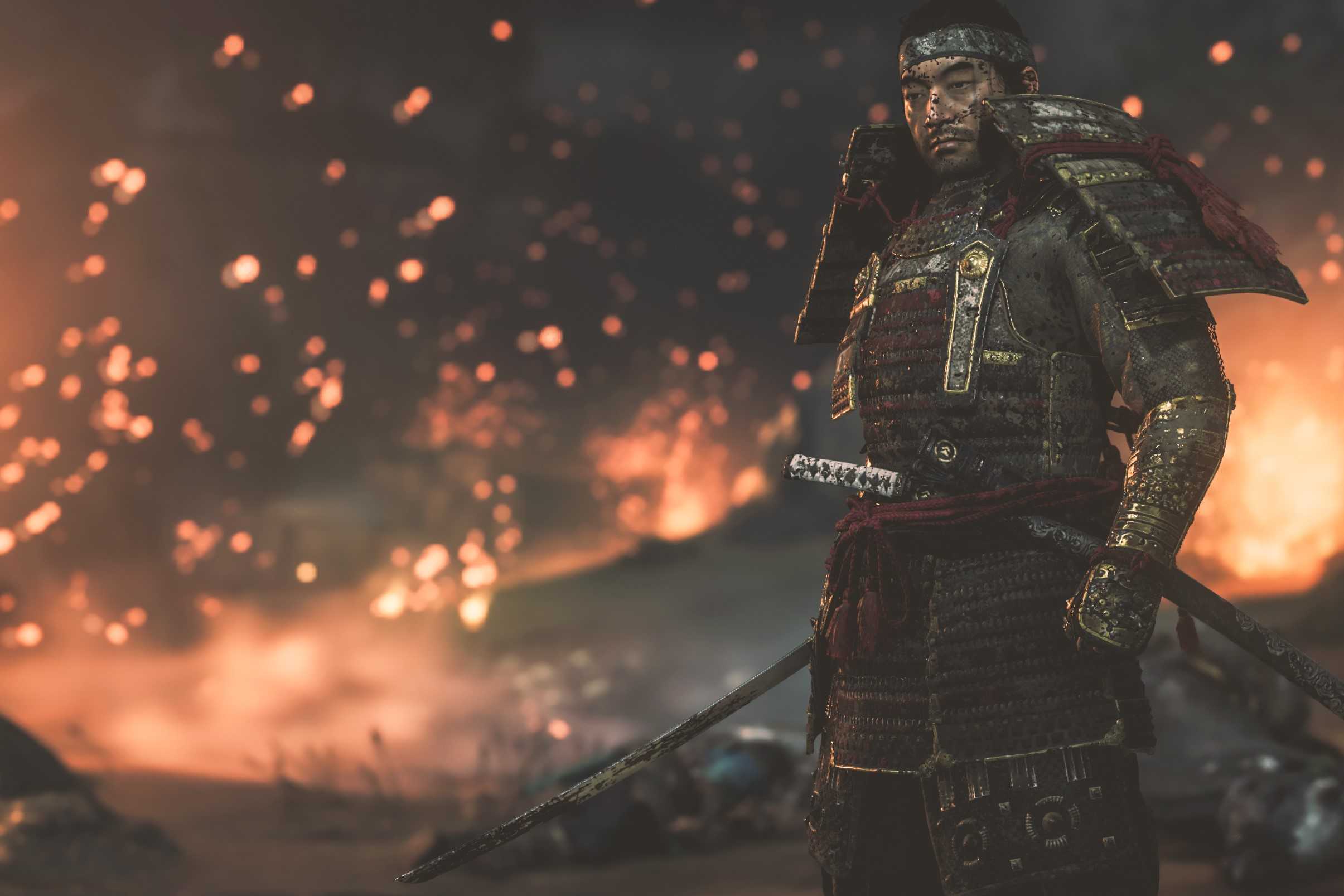 Screenshot from Ghost of Tsushima showing Jin in armor with embers in the background