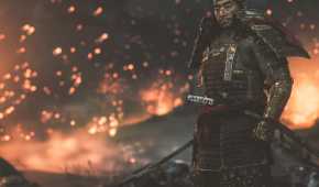 Screenshot from Ghost of Tsushima showing Jin in armor with embers in the background