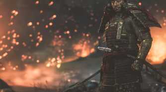 Screenshot from Ghost of Tsushima showing Jin in armor with embers in the background