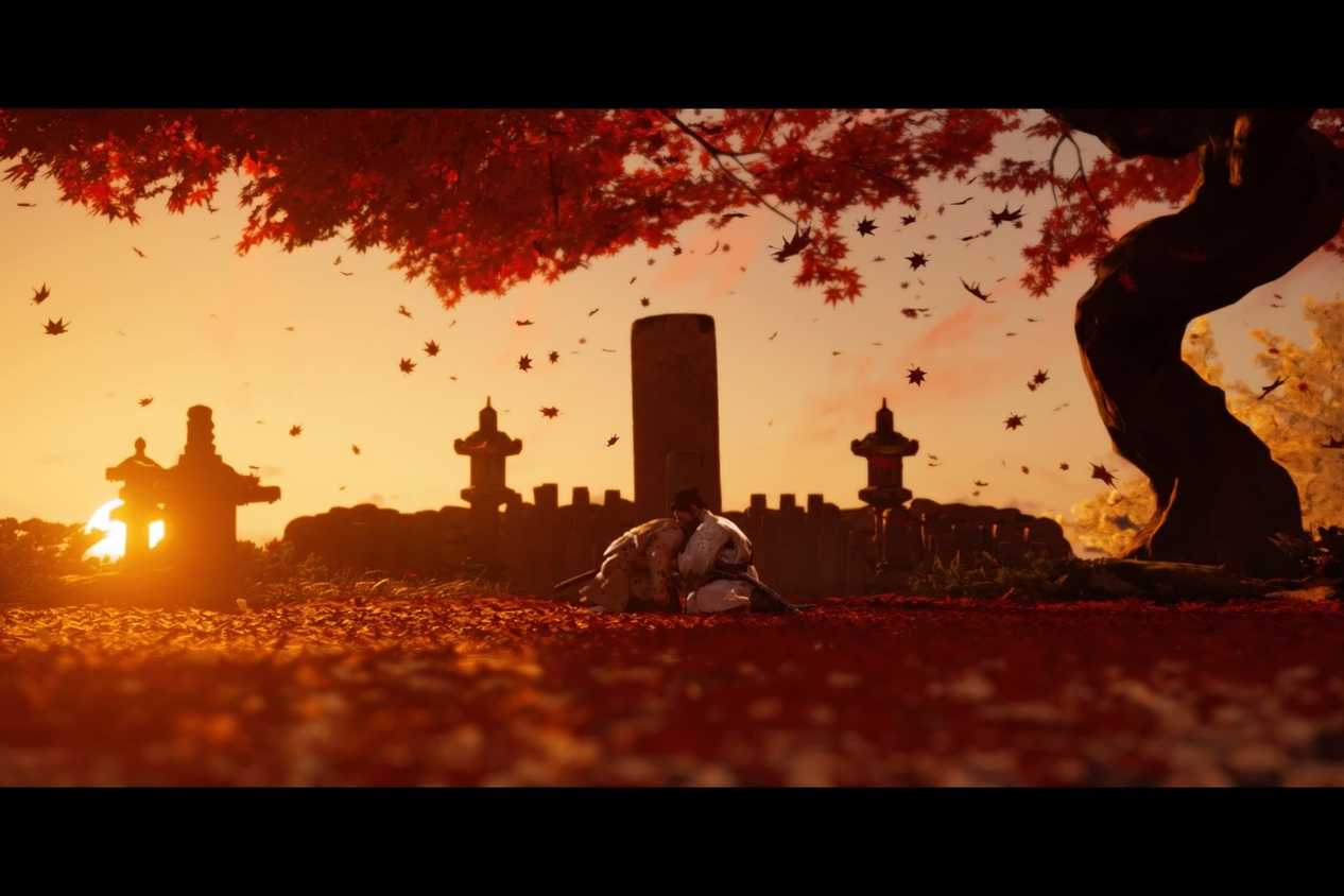 Screenshot from Ghost of Tsushima showing a sunset in a forest