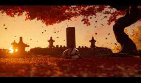 Screenshot from Ghost of Tsushima showing a sunset in a forest