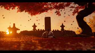 Screenshot from Ghost of Tsushima showing a sunset in a forest