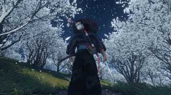 Screenshot from Ghost of Tsushima showing Jin standing among white trees