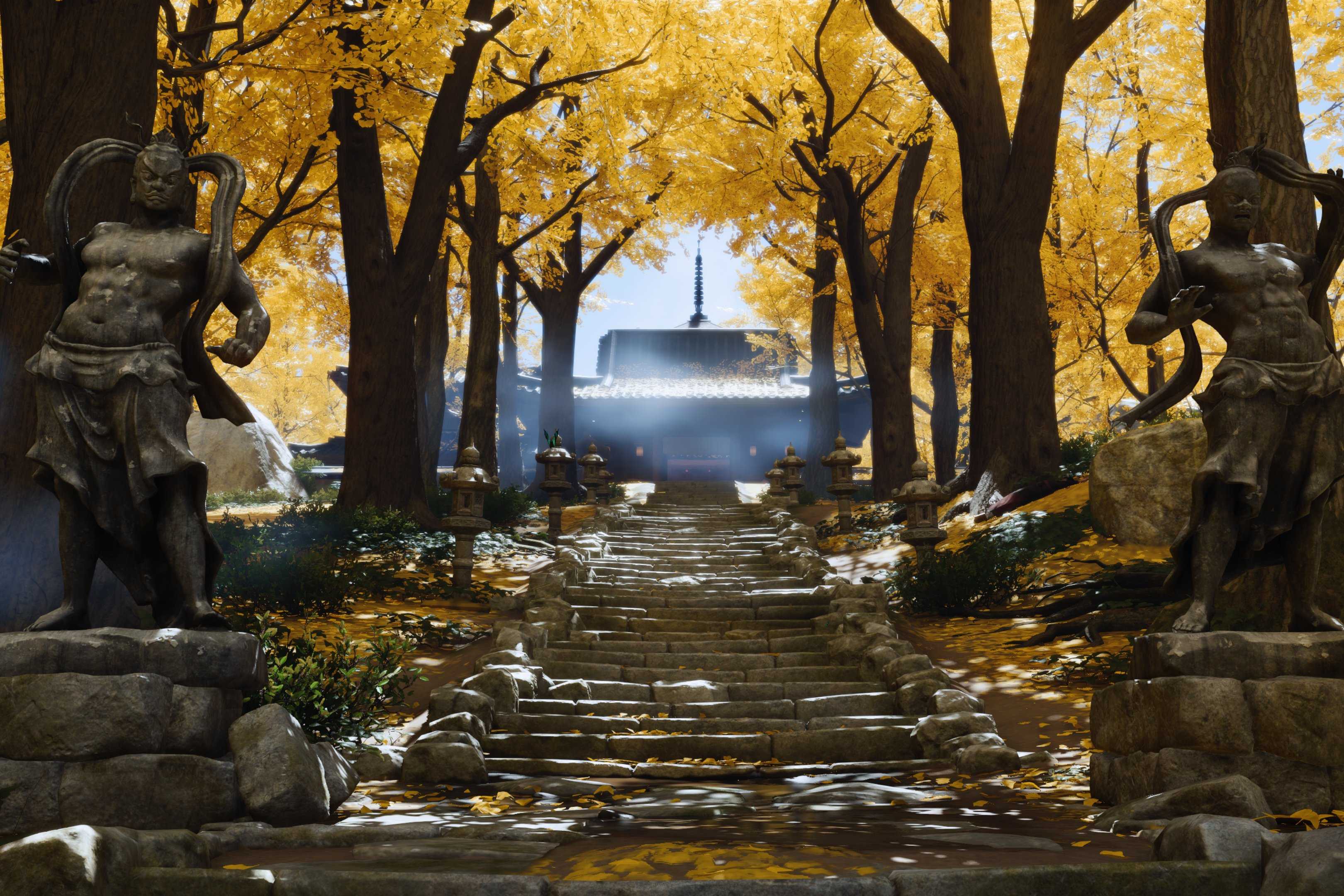 Screenshot from Ghost of Tsushima showing a path with yellow tress above