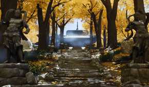 Screenshot from Ghost of Tsushima showing a path with yellow tress above