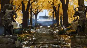 Screenshot from Ghost of Tsushima showing a path with yellow tress above
