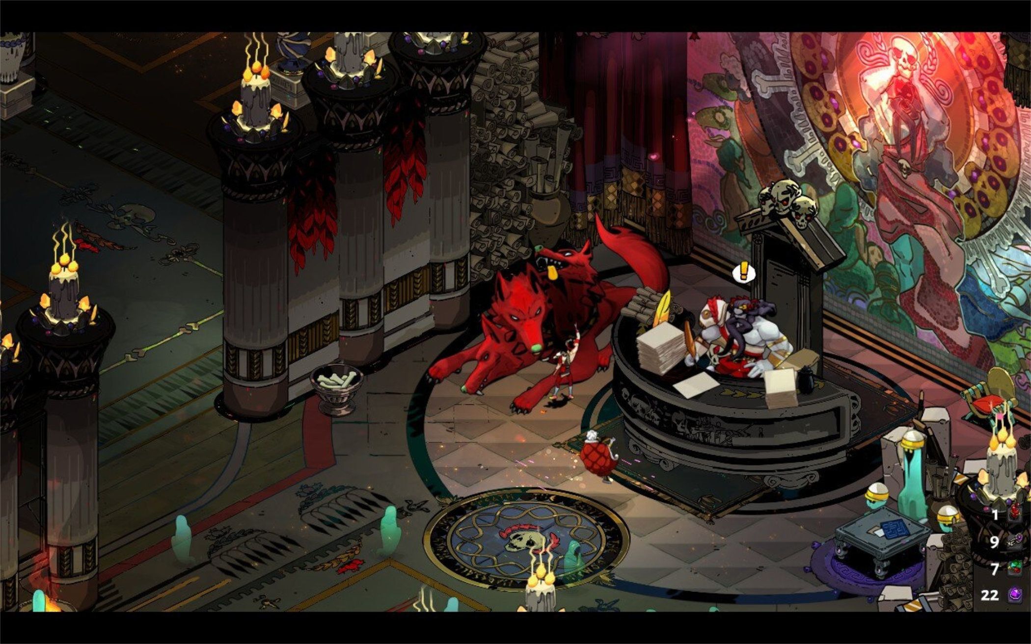 screenshot of hades the game showing hades and cerberus