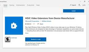 screenshot of the windows 10 store with the hevc video extensions from device manufacturer