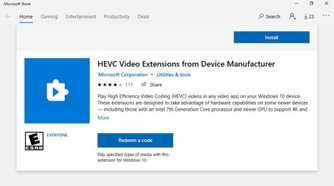 screenshot of the windows 10 store with the hevc video extensions from device manufacturer