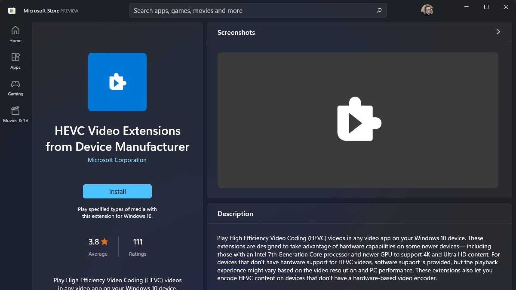 screenshot of windows 11 store with the hevc video extensions from device manufacturer