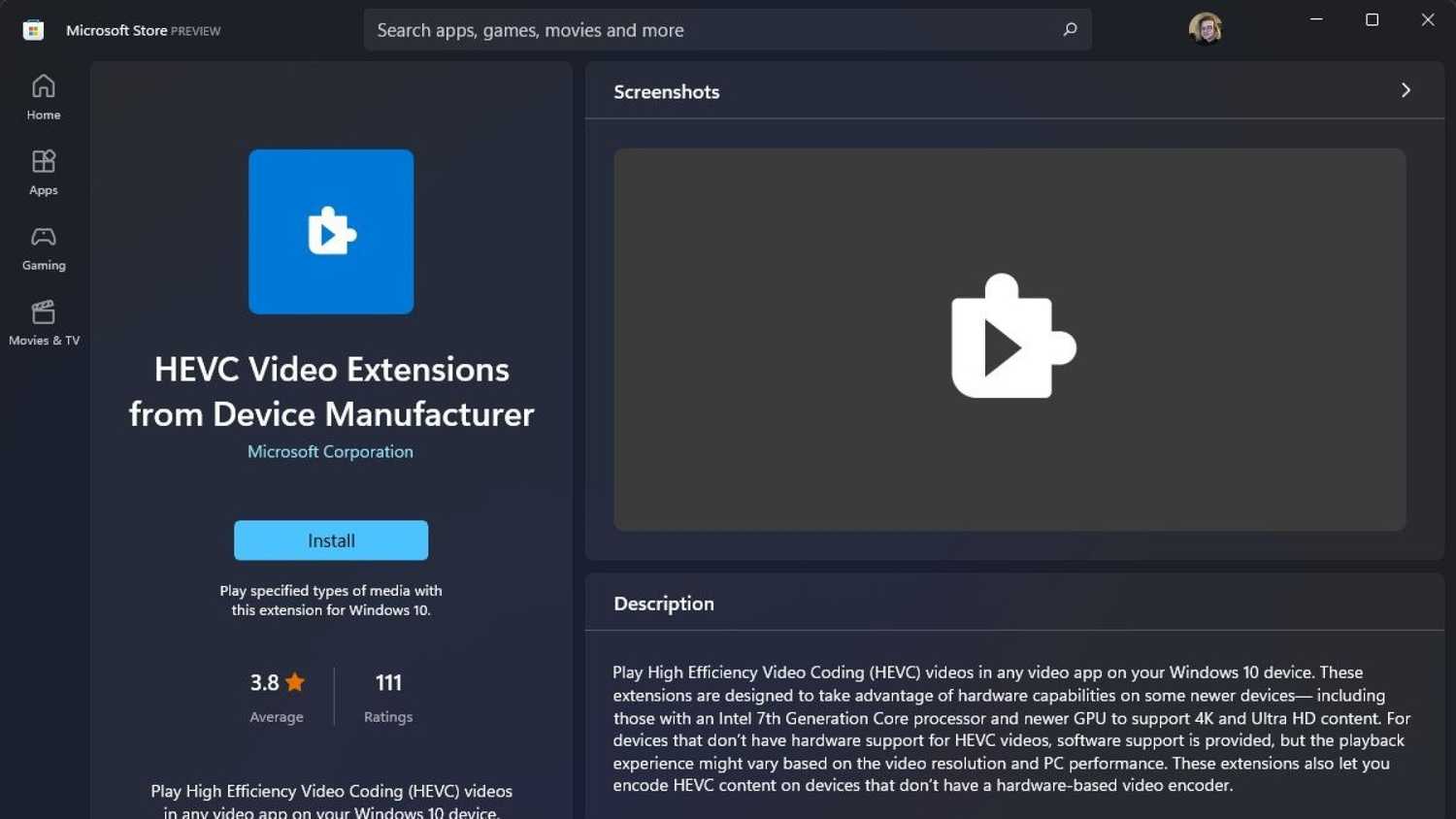 screenshot of windows 11 store with the hevc video extensions from device manufacturer
