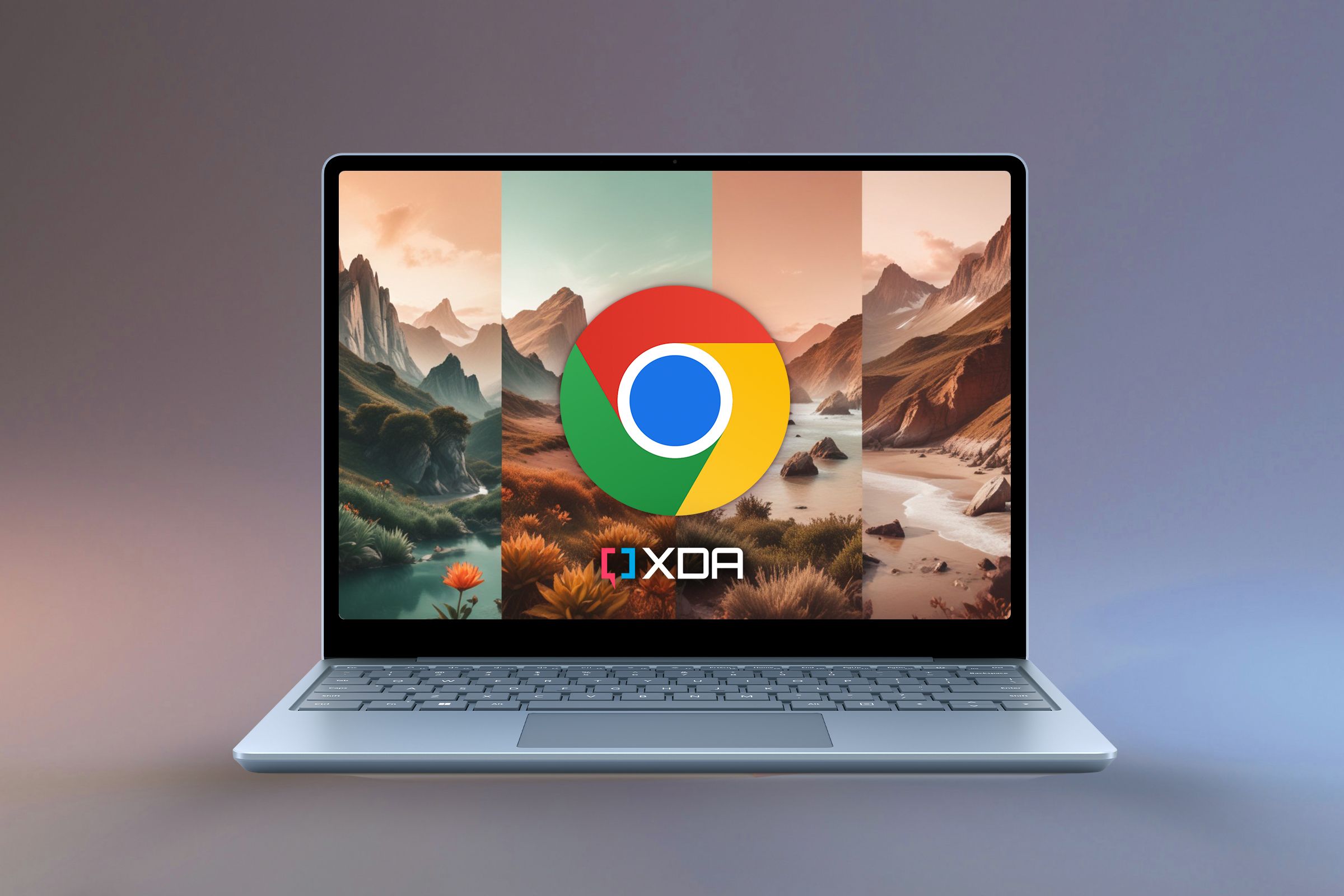 Una computadora portátil con temas AI Chrome, el símbolo de Google Chrome y el logotipo de XDA
