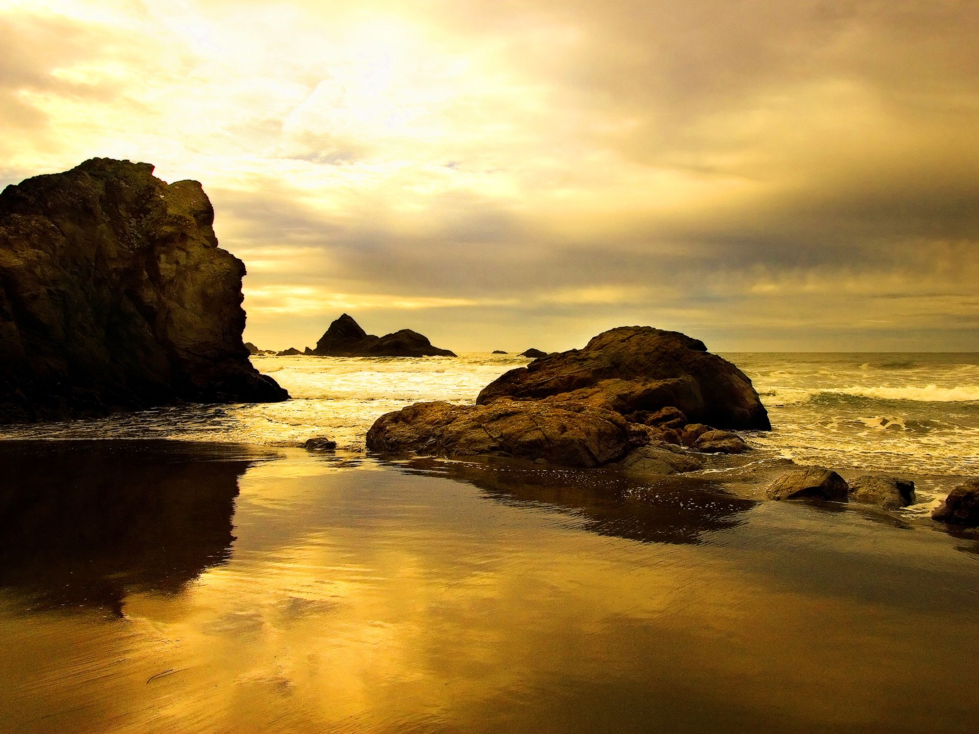 A beach at sunset