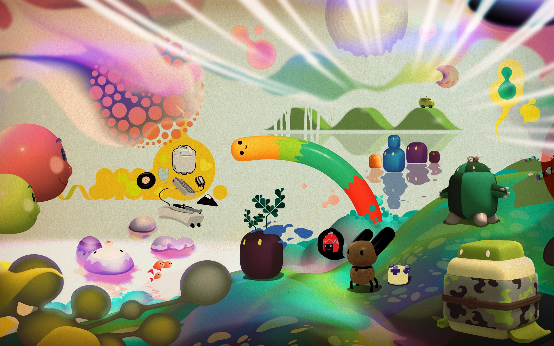 Artistic drawing with various characters in an abstract colorful world