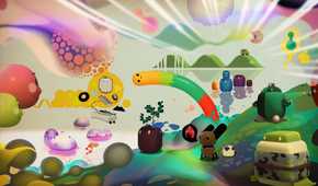 Artistic drawing with various characters in an abstract colorful world