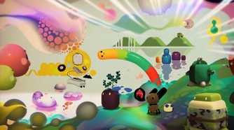 Artistic drawing with various characters in an abstract colorful world