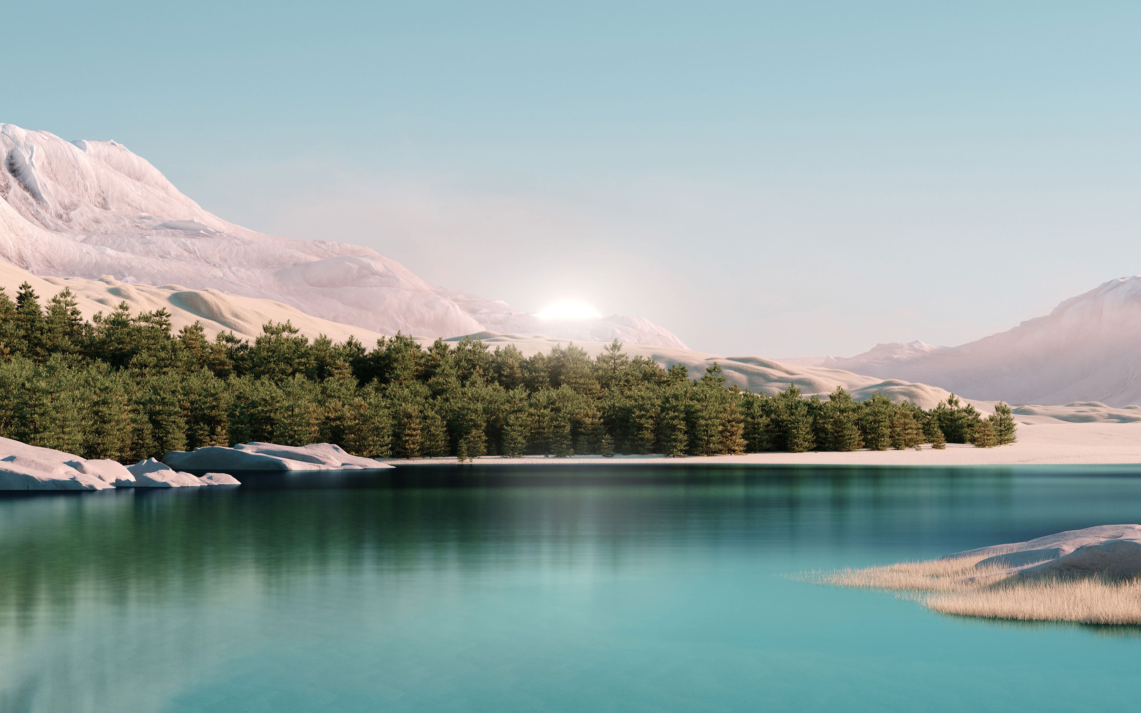 A lake with a forest behind it and the sun rising behind the mountains