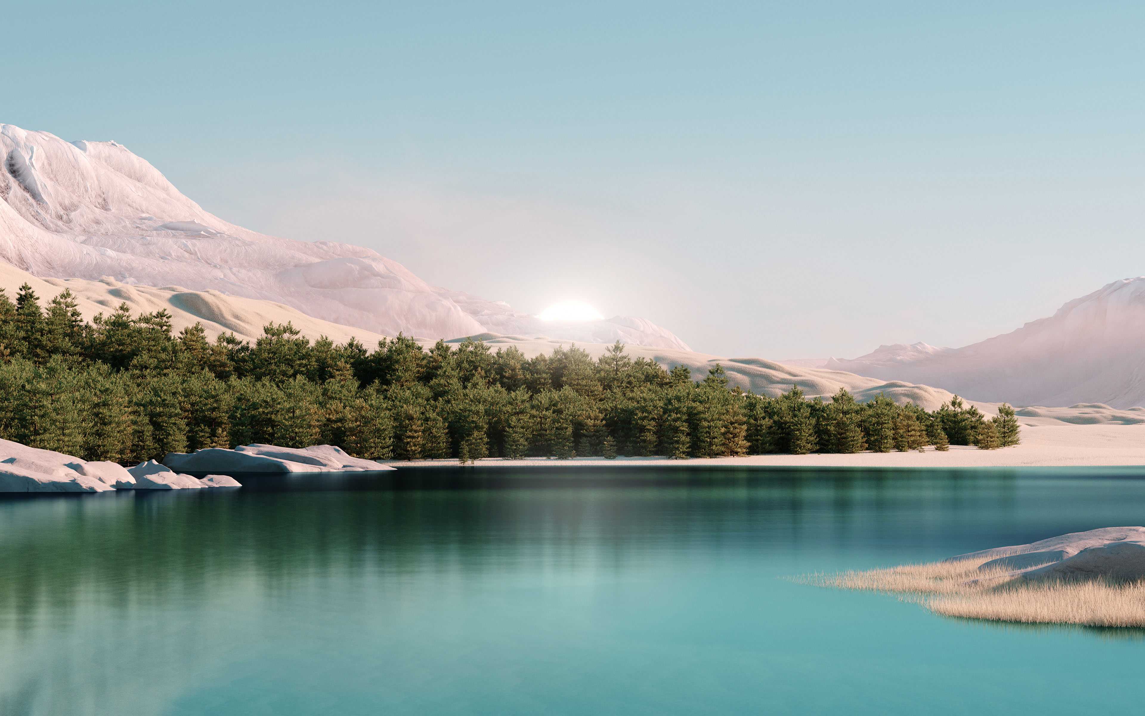 A lake with a forest behind it and the sun rising behind the mountains