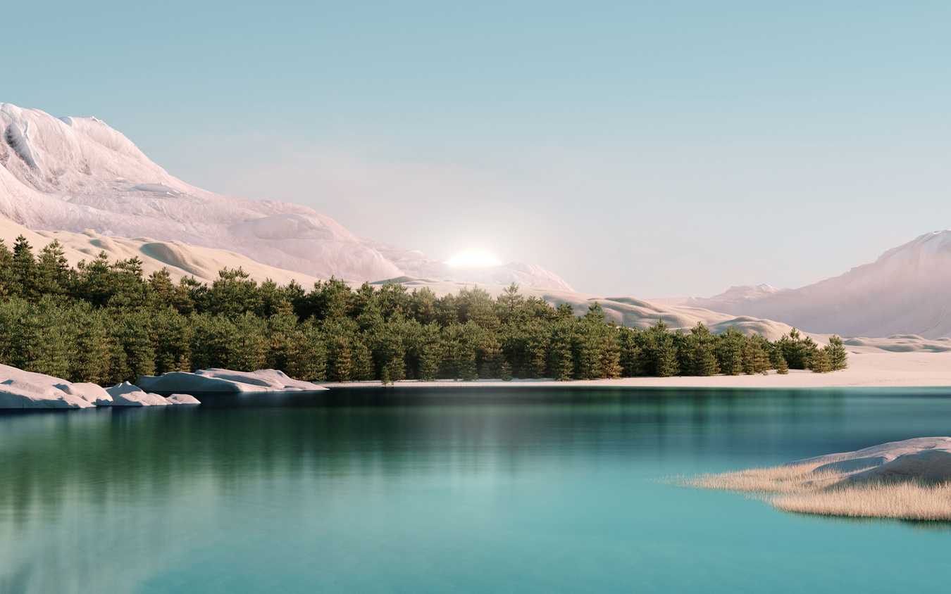 A lake with a forest behind it and the sun rising behind the mountains