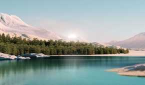 A lake with a forest behind it and the sun rising behind the mountains