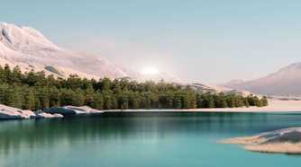 A lake with a forest behind it and the sun rising behind the mountains