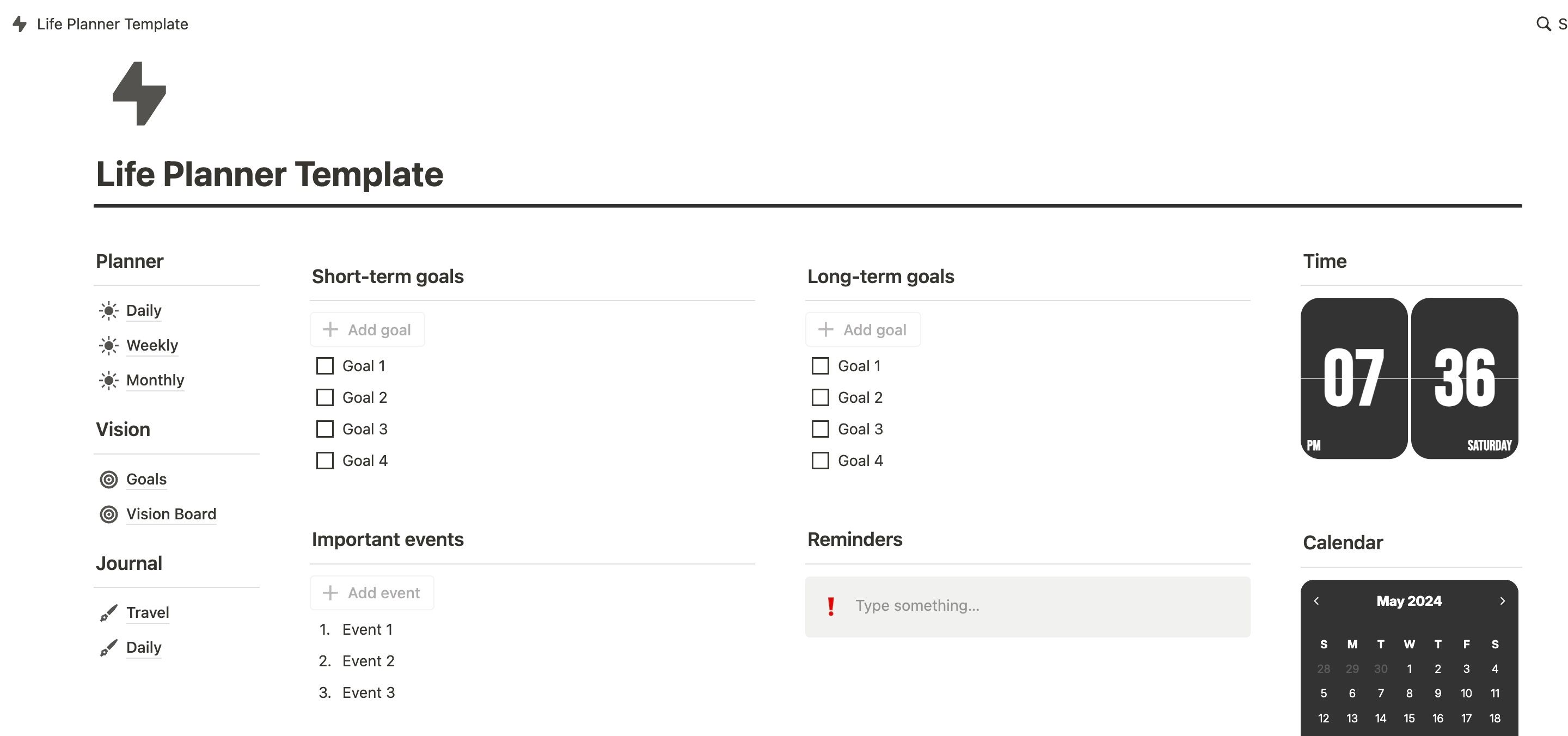 Life planner template home