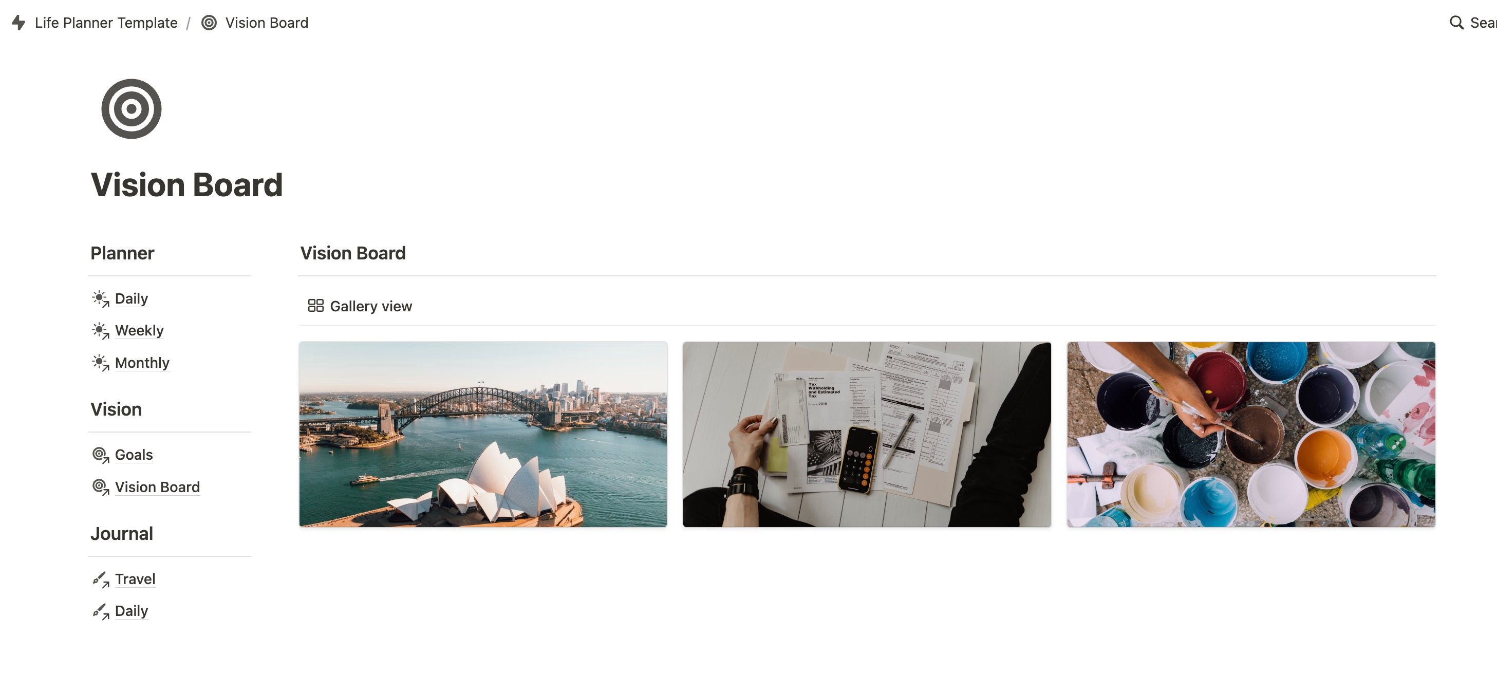 Vision board life planner template