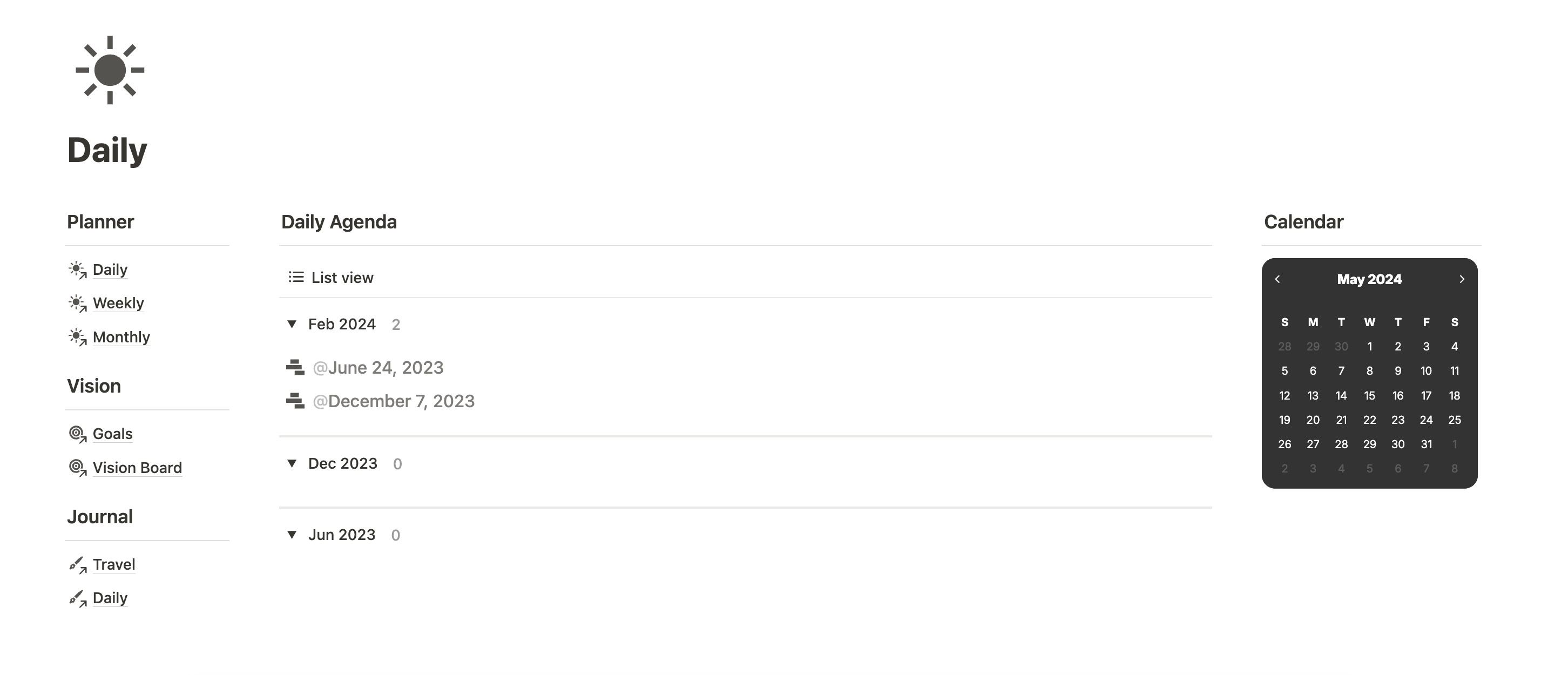 Daily view in Notion template
