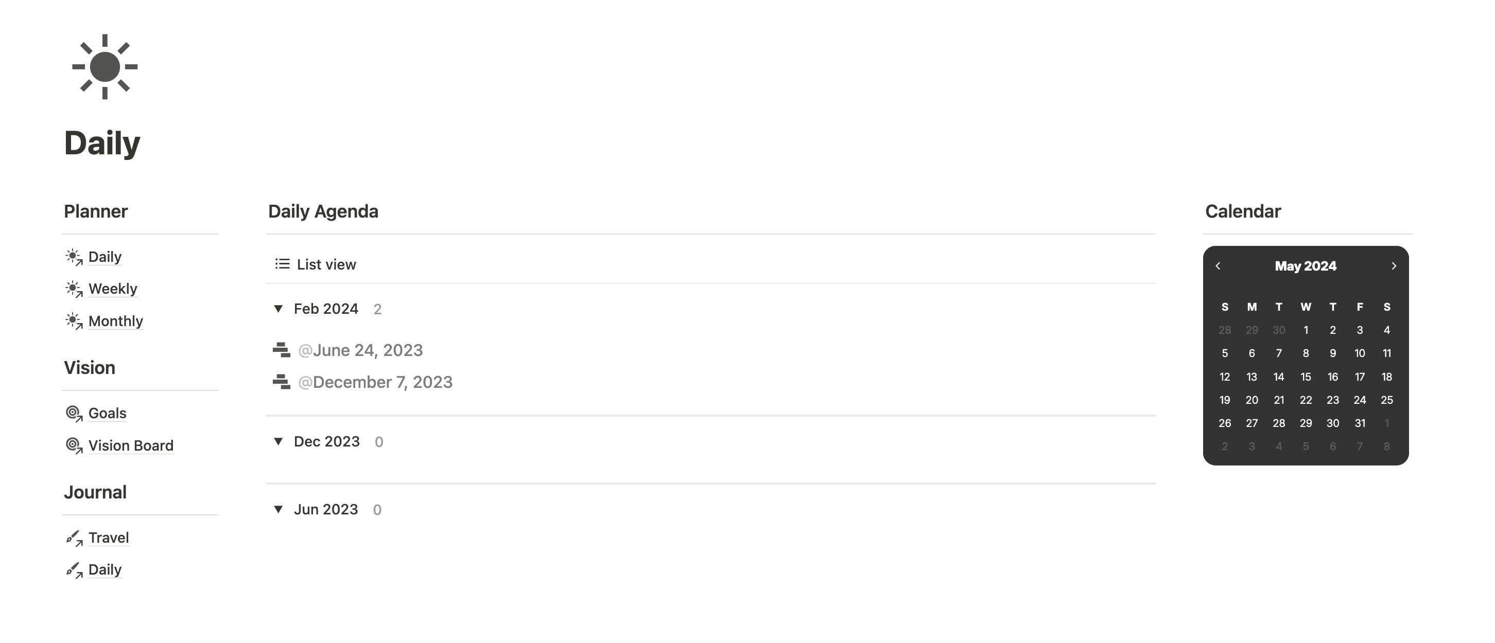 Daily view in Notion template