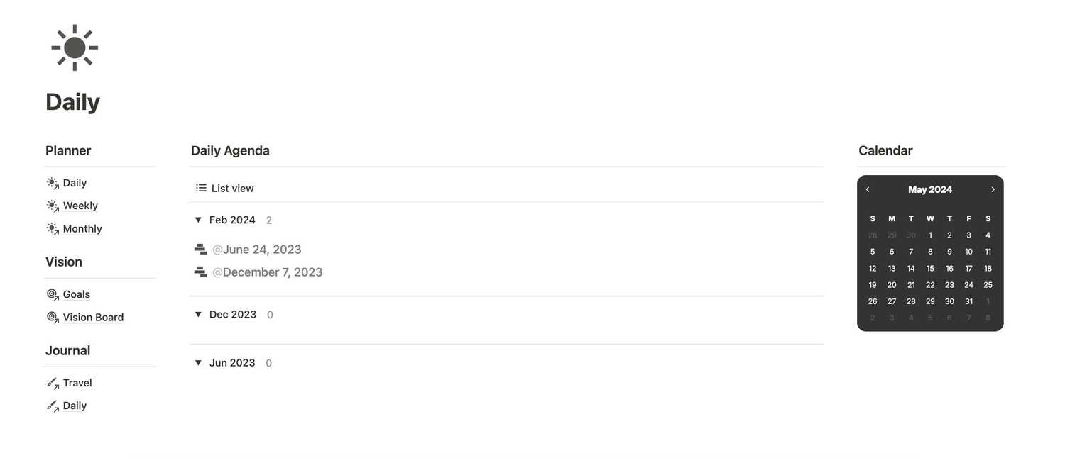 Daily view in Notion template
